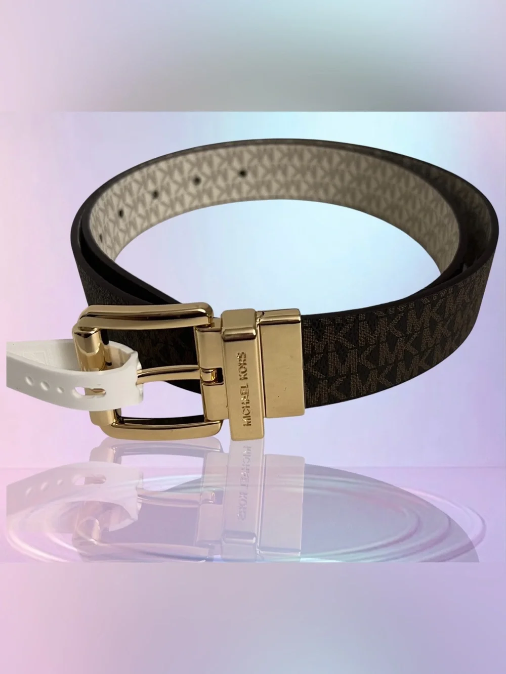 Michael Kors Reversible Logo Belt in Brown and Beige with Gold Buckle